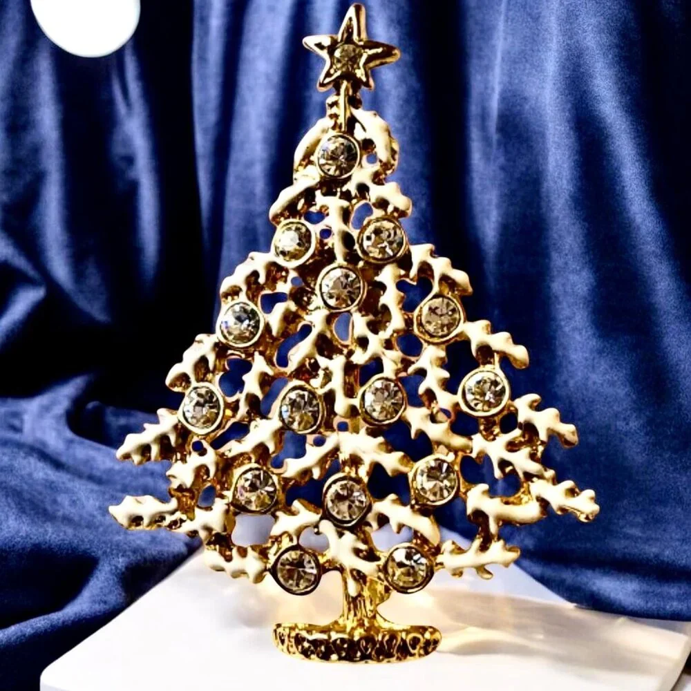 Vintage Christmas Tree Brooch Pin White Enamel & Clear Rhinestones